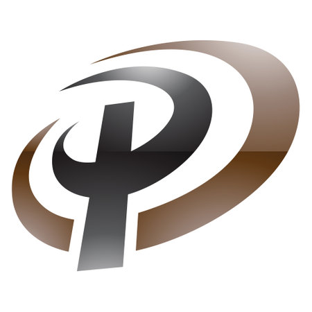 Brown and Black Glossy Oval Shaped Letter P Icon on a White Backgroundのイラスト素材