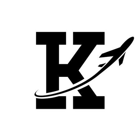 Black Antique Letter K Icon with an Airplane on a White Backgroundのイラスト素材