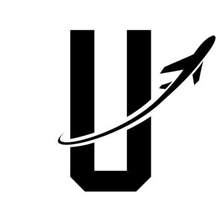 Black Futuristic Letter U Icon with an Airplane on a White Backgroundのイラスト素材