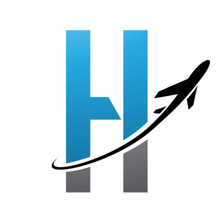 Blue and Black Futuristic Letter H Icon with an Airplane on a White Backgroundのイラスト素材