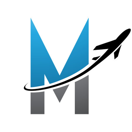 Blue and Black Futuristic Letter M Icon with an Airplane on a White Backgroundのイラスト素材