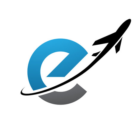 Blue and Black Lowercase Letter E Icon with an Airplane on a White Backgroundのイラスト素材