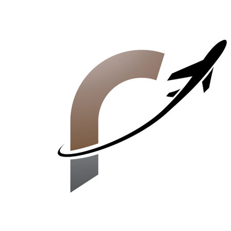 Brown and Black Lowercase Letter R Icon with an Airplane on a White Backgroundのイラスト素材