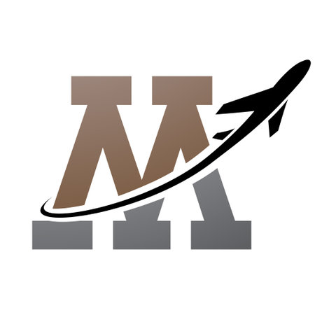 Brown and Black Antique Letter M Icon with an Airplane on a White Backgroundのイラスト素材