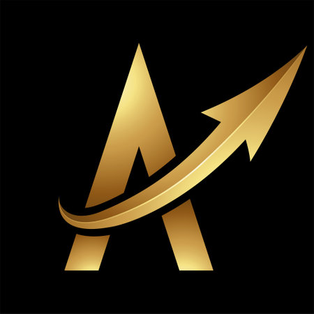 Gold Futuristic Letter A Icon with a Glossy Arrow on a Black Backgroundのイラスト素材