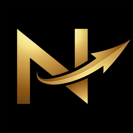 Gold Uppercase Letter N Icon with a Glossy Arrow on a Black Backgroundのイラスト素材