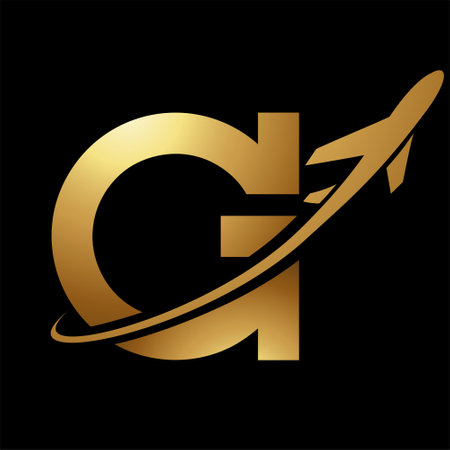 Glossy Gold Antique Letter G Icon with an Airplane on a Black Backgroundのイラスト素材