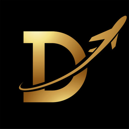 Glossy Gold Antique Letter D Icon with an Airplane on a Black Backgroundのイラスト素材