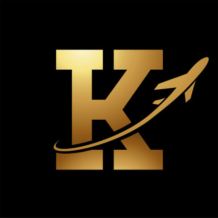 Glossy Gold Antique Letter K Icon with an Airplane on a Black Backgroundのイラスト素材