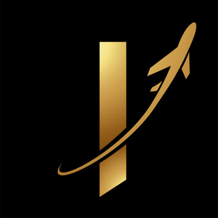 Glossy Gold Lowercase Letter L Icon with an Airplane on a Black Backgroundのイラスト素材