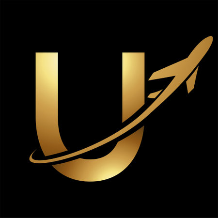 Glossy Gold Uppercase Letter U Icon with an Airplane on a Black Backgroundのイラスト素材