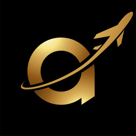 Glossy Gold Lowercase Letter A Icon with an Airplane on a Black Backgroundのイラスト素材