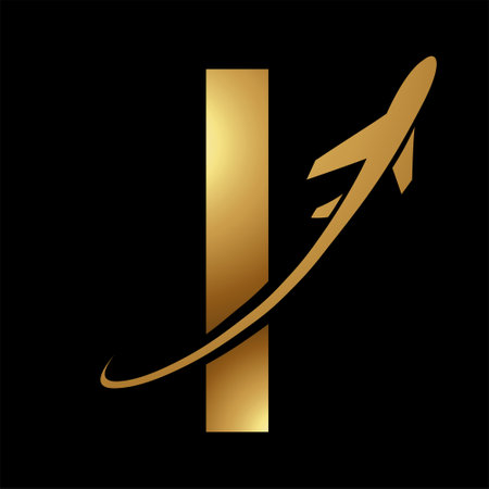 Glossy Gold Uppercase Letter I Icon with an Airplane on a Black Backgroundのイラスト素材