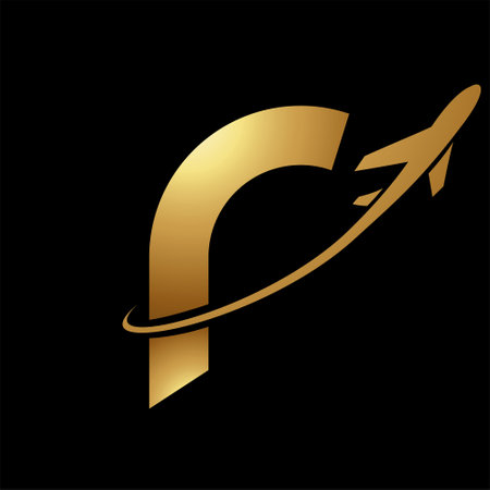 Glossy Gold Lowercase Letter R Icon with an Airplane on a Black Backgroundのイラスト素材