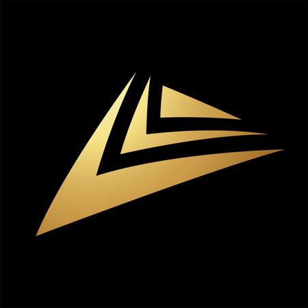 Gold Abstract Down Facing Arrows Icon in Perspective on a Black Background