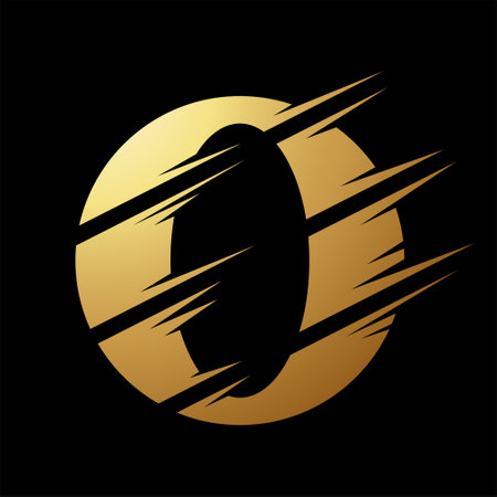 Gold Abstract Slashed Split Shaped Letter O Icon on a Black Backgroundのイラスト素材