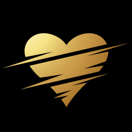 Gold Abstract Split Shaped Slashed Heart Icon on a Black Backgroundのイラスト素材
