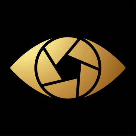 Gold Abstract Shutter Eye Icon on a Black Backgroundのイラスト素材