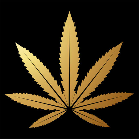Gold Abstract Simplistic Cannabis Leaf Icon on a Black Backgroundのイラスト素材