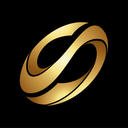 Gold Abstract Twisted Curvy Up Facing Letter S Icon on a Black Backgroundのイラスト素材