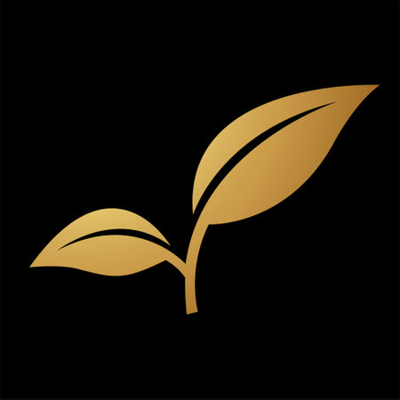Gold Abstract Simplistic Leaves Icon on a Black Backgroundのイラスト素材