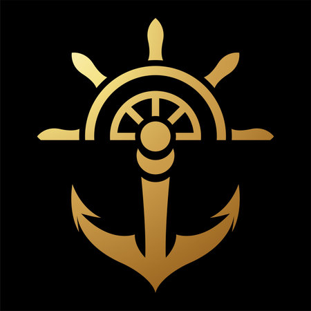 Gold Abstract Simplistic Anchor and Wheel Icon on a Black Backgroundのイラスト素材