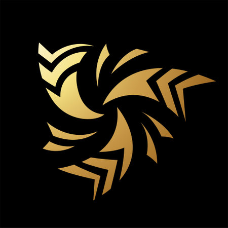 Gold Abstract Striped Twisting Arrow Icon on a Black Backgroundのイラスト素材