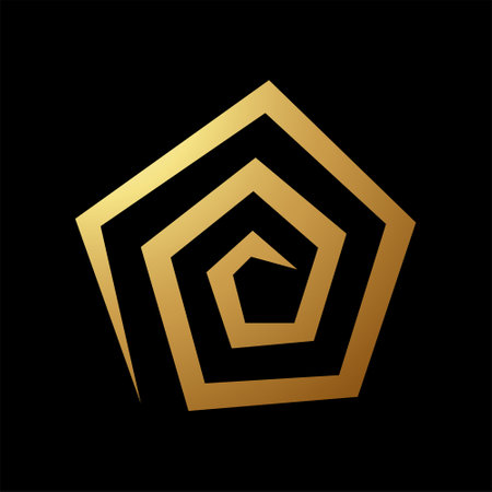 Gold Abstract Spiral Pentagon Icon on a Black Backgroundのイラスト素材