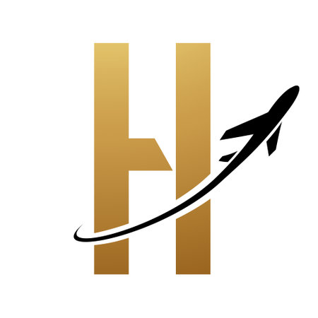 Gold and Black Futuristic Letter H Icon with an Airplane on a White Backgroundのイラスト素材