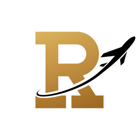 Gold and Black Antique Letter R Icon with an Airplane on a White Backgroundのイラスト素材