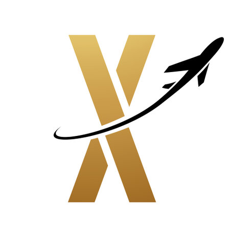 Gold and Black Futuristic Letter X Icon with an Airplane on a White Backgroundのイラスト素材
