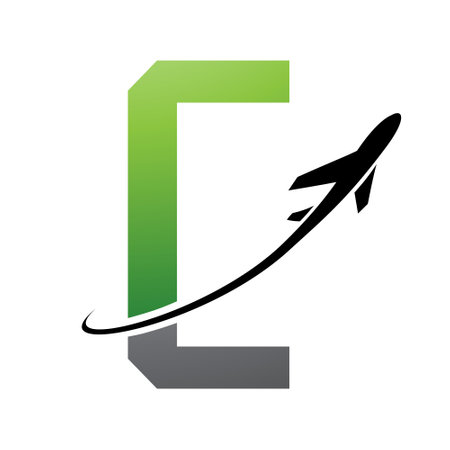 Green and Black Futuristic Letter C Icon with an Airplane on a White Backgroundのイラスト素材