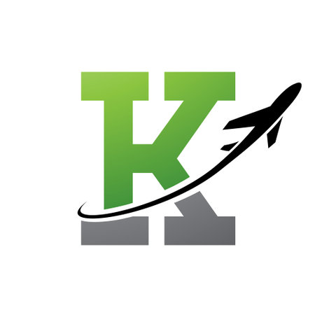 Green and Black Antique Letter K Icon with an Airplane on a White Backgroundのイラスト素材