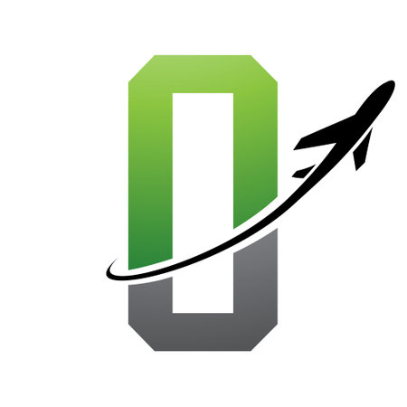 Green and Black Futuristic Letter O Icon with an Airplane on a White Backgroundのイラスト素材