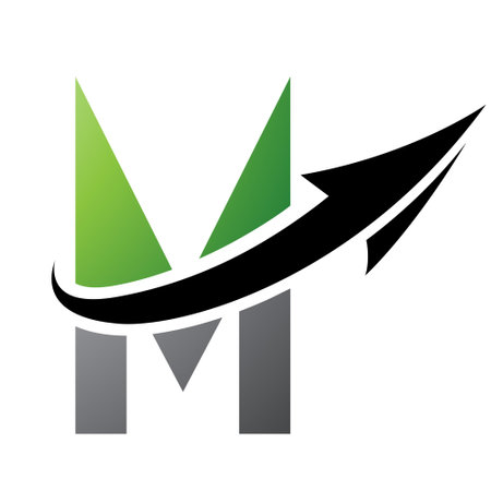 Green and Black Futuristic Letter M Icon with an Arrow on a White Backgroundのイラスト素材