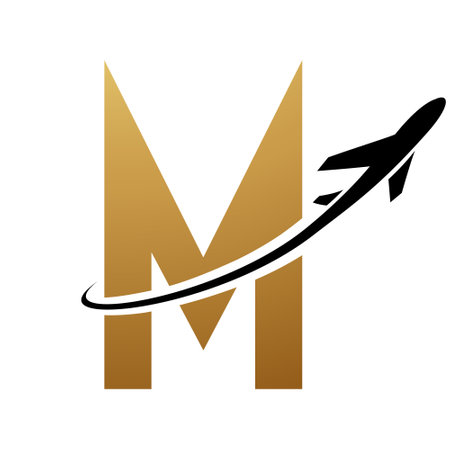 Gold and Black Futuristic Letter M Icon with an Airplane on a White Backgroundのイラスト素材