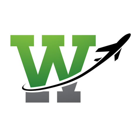 Green and Black Antique Letter W Icon with an Airplane on a White Backgroundのイラスト素材