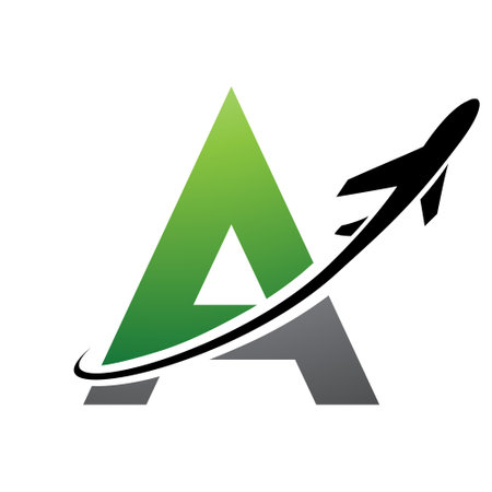 Green and Black Uppercase Letter A Icon with an Airplane on a White Backgroundのイラスト素材