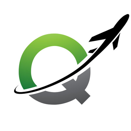 Green and Black Uppercase Letter Q Icon with an Airplane on a White Backgroundのイラスト素材