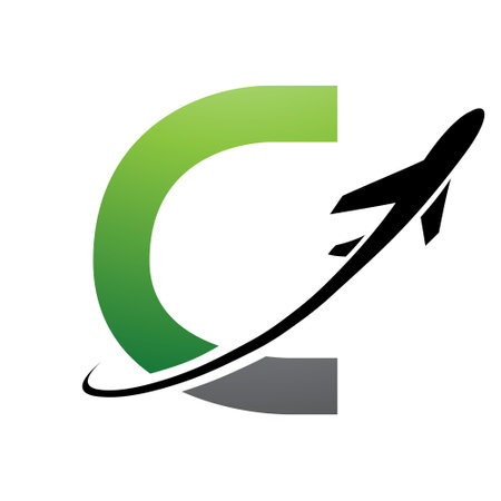 Green and Black Uppercase Letter C Icon with an Airplane on a White Backgroundのイラスト素材