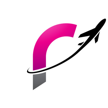 Magenta and Black Lowercase Letter R Icon with an Airplane on a White Backgroundのイラスト素材
