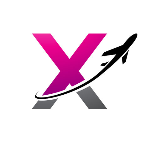 Magenta and Black Lowercase Letter X Icon with an Airplane on a White Backgroundのイラスト素材