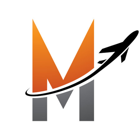Orange and Black Futuristic Letter M Icon with an Airplane on a White Backgroundのイラスト素材