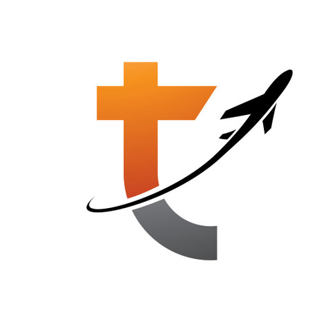 Orange and Black Lowercase Letter T Icon with an Airplane on a White Backgroundのイラスト素材