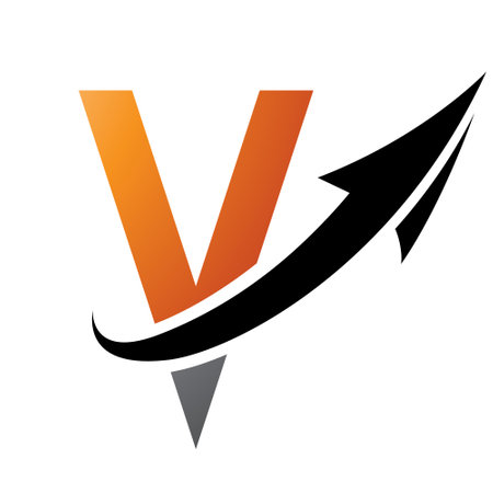 Orange and Black Futuristic Letter V Icon with an Arrow on a White Backgroundのイラスト素材