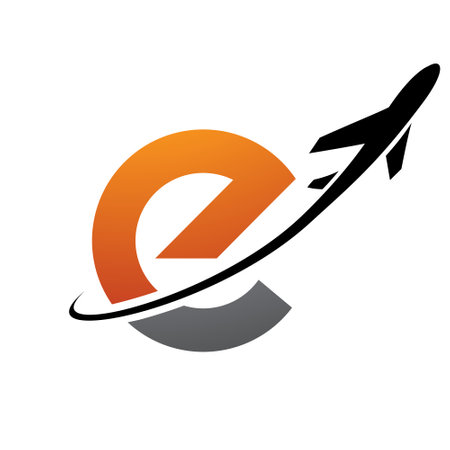 Orange and Black Lowercase Letter E Icon with an Airplane on a White Backgroundのイラスト素材