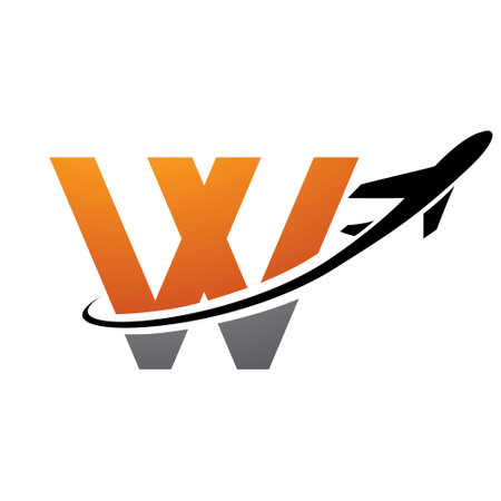 Orange and Black Lowercase Letter W Icon with an Airplane on a White Backgroundのイラスト素材
