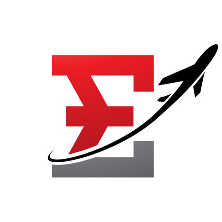 Red and Black Antique Letter E Icon with an Airplane on a White Backgroundのイラスト素材