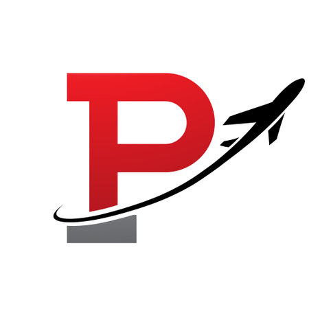Red and Black Antique Letter P Icon with an Airplane on a White Backgroundのイラスト素材