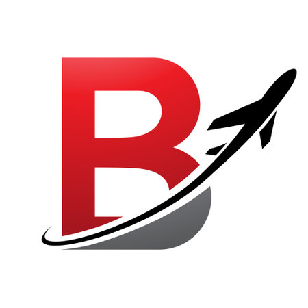 Red and Black Uppercase Letter B Icon with an Airplane on a White Backgroundのイラスト素材